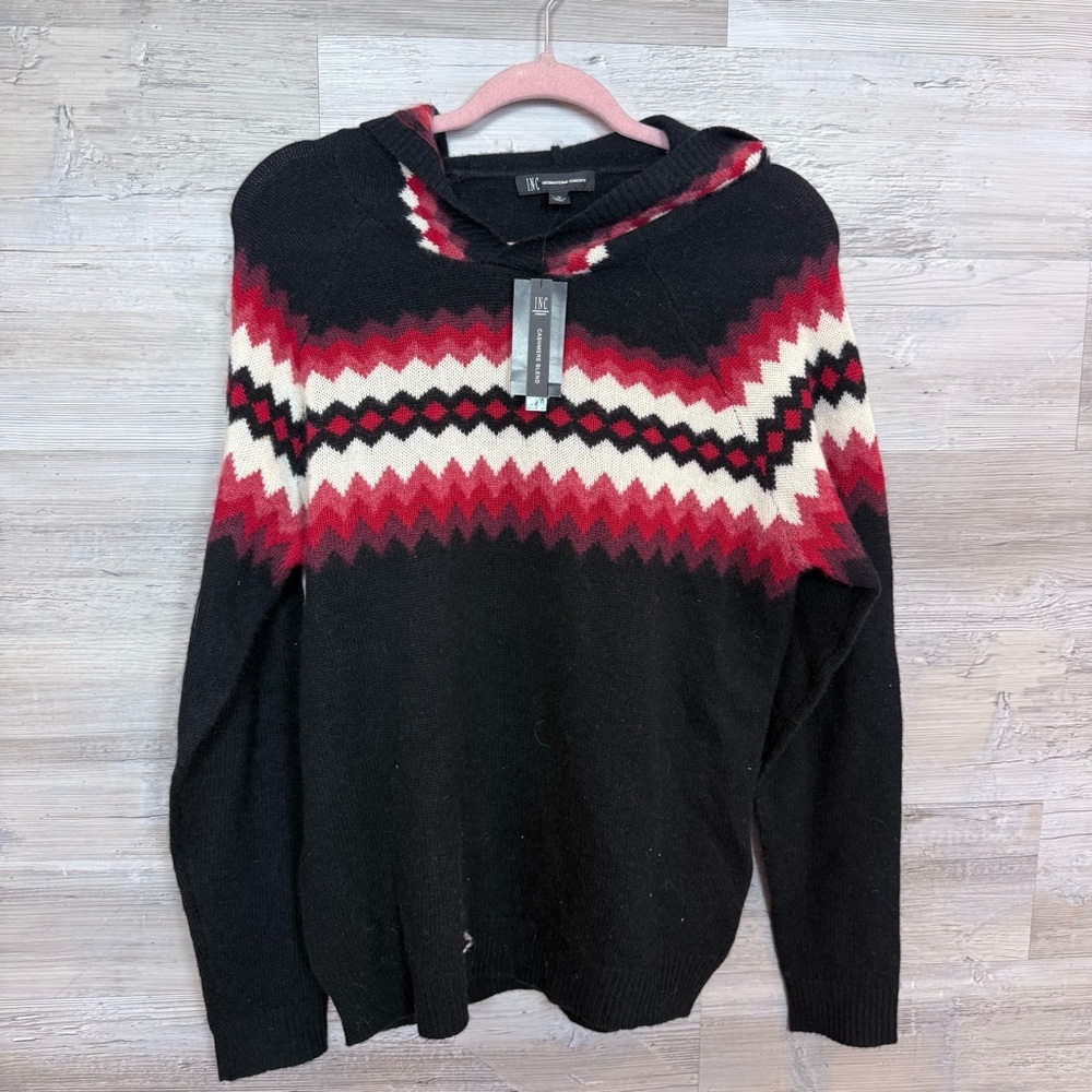 NWT INC Men's Wool Cashmere Blend Fair Isle Hooded Sweater - Medium